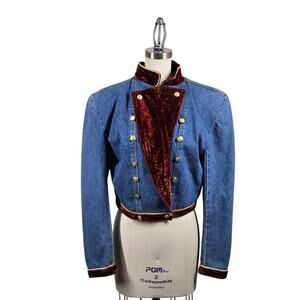 VTG 80s Cropped Denim Jacket sz XS/S Blue Red Velvet Military Style Reworked